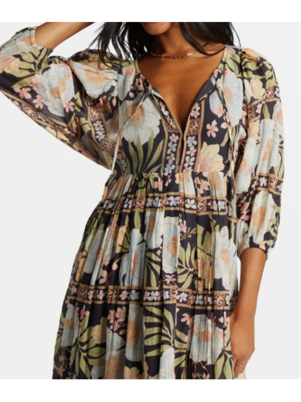 Billabong Lost Cove Midi Dress L Black Floral Cotton Gauze Boho Puff Sleeve - Picture 2 of 12